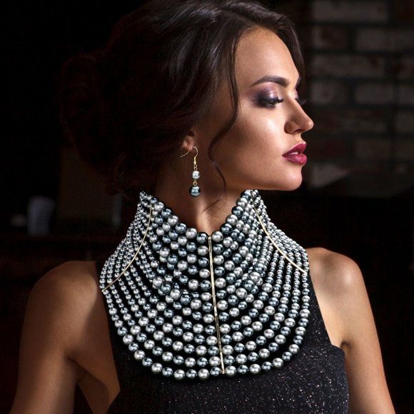 Multi Strand Pearl Collar Choker Necklace Earrings - Picture 1 of 1